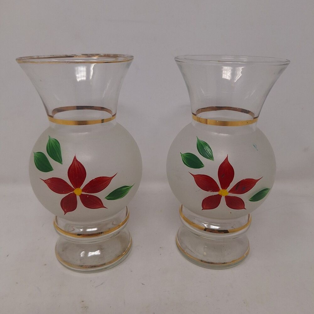 Vintage Bartlett Collins Poinsettia Frosted Bud Vases Set Of 2 Hand Painted